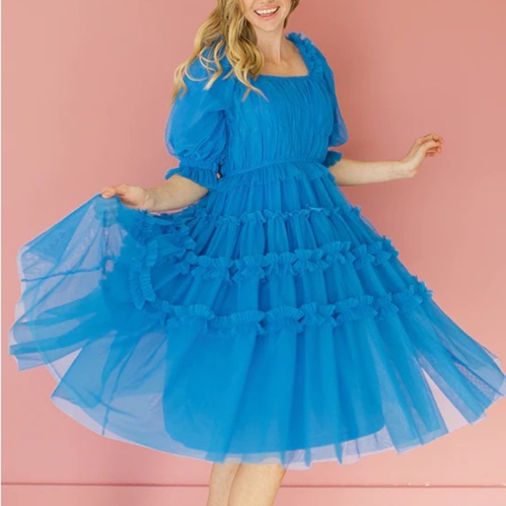 BLUE MIDI TULLE PUFF SLEEVE DRESS